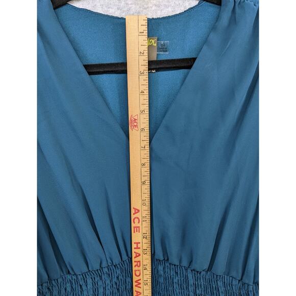 Taylor Dress Teal Green Pleated Midi Sheer Lined Fall Boho Smocked Waist Sz 12 - Picture 6 of 13